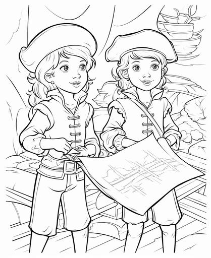 coloring page for kids, Young pirates deciphering a mysterious treasure map, cartoon style, thick lines, low detail, no shading, --ar 9:11