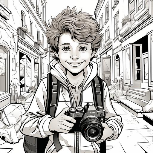 coloring page for kids, a 10 year old boy captures a 10 year old model with his fancy camera, cartoon style, no color, black and white page, thick lines, no detail, no shading — ar 9:11 --v 5.2 --s 750