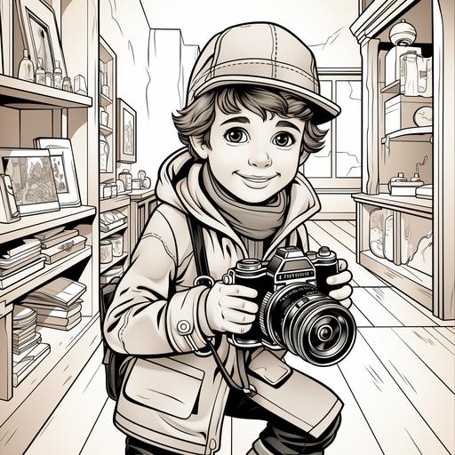 coloring page for kids, a 10 year old boy captures a 10 year old model with his fancy camera, cartoon style, no color, black and white page, thick lines, no detail, no shading — ar 9:11 --v 5.2 --s 750