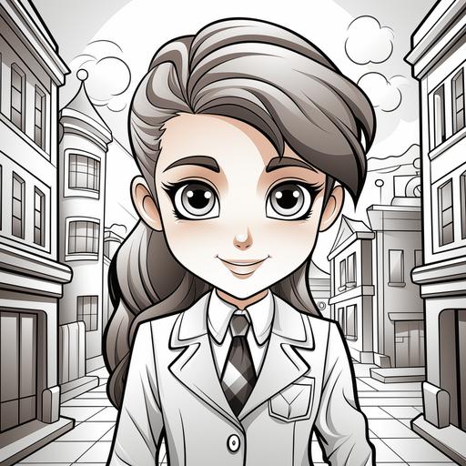 coloring page for kids, a 10 year old girl wears a business suit, cartoon style, thick lines, no detail, no shading — ar 9:11 --v 5.2 --s 750