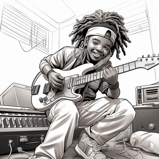 coloring page for kids, a 7 year old with long locs plays the guitar, cartoon style, no color, black and white page, thick lines, no detail, no shading — ar 9:11 --v 5.2 --s 750