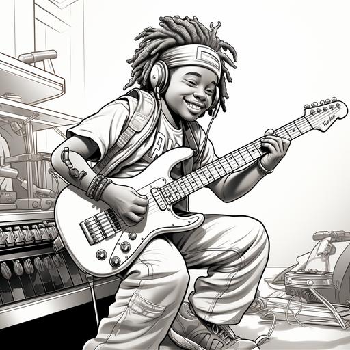 coloring page for kids, a 7 year old with long locs plays the guitar, cartoon style, no color, black and white page, thick lines, no detail, no shading — ar 9:11 --v 5.2 --s 750