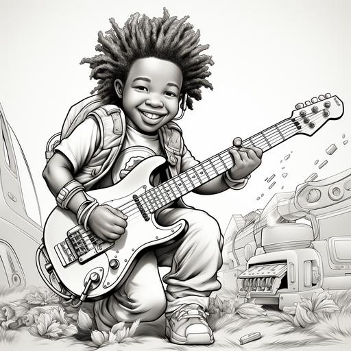 coloring page for kids, a 7 year old with long locs plays the guitar, cartoon style, no color, black and white page, thick lines, no detail, no shading — ar 9:11 --v 5.2 --s 750