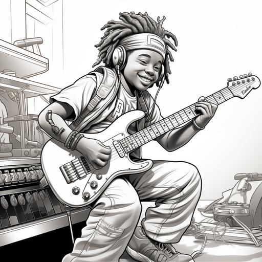 coloring page for kids, a 7 year old with long locs plays the guitar, cartoon style, no color, black and white page, thick lines, no detail, no shading — ar 9:11 --v 5.2 --s 750