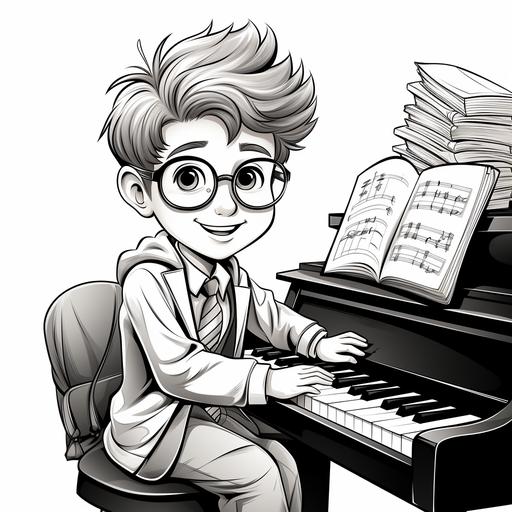 coloring page for kids, a Chinese 10 year old boy plays piano on stage, cartoon style, no color, black and white page, thick lines, no detail, no shading — ar 9:11 --v 5.2 --s 750