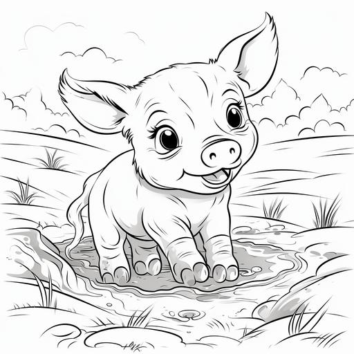 coloring page for kids, a baby cute pig in the mud, cartoon style, thick lines, low detail, no shading ar 9:11