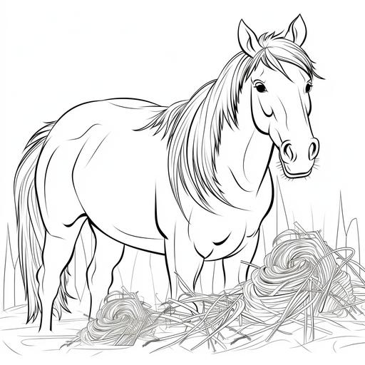 coloring page for kids a big horse eating hay ,cartoon style, thick lines, no shadeand low details