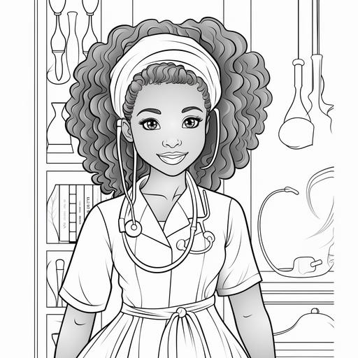 coloring page for kids, a black girl doctor head covered long dress, cartoon style, thick lines, low detail, no shading ar 9:11