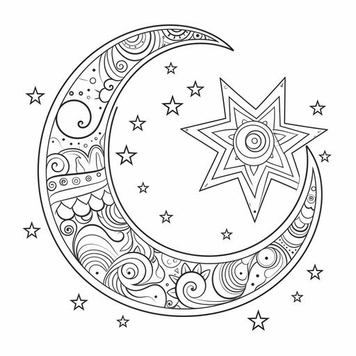 coloring page for kids, a cartoon crescent moon filled with simple geometric patterns, including elements like stars and paisley, cartoon style, hick lines, low detail, no shading, white background
