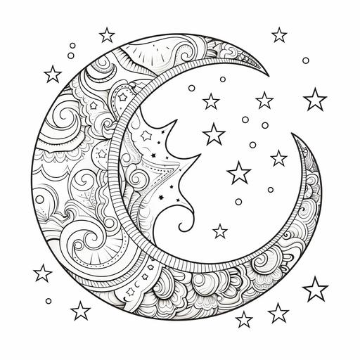 coloring page for kids, a cartoon crescent moon filled with simple geometric patterns, including elements like stars and paisley, cartoon style, hick lines, low detail, no shading, white background