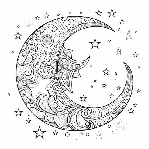 coloring page for kids, a cartoon crescent moon filled with simple geometric patterns, including elements like stars and paisley, cartoon style, hick lines, low detail, no shading, white background