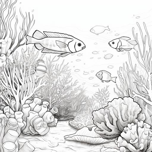 coloring page for kids, a coral reef, cartoon style, thick lines, low detail, black and white, no shading