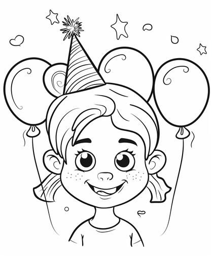 coloring page for kids, a cute smile Catherine Hill balloons and party hats, cartoon style, thick line, low detail, no shading --ar 9:11