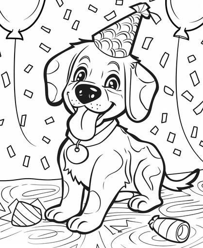 coloring page for kids, a cute smile Dutch Hunting Dog balloons and party hats, cartoon style, thick line, low detail, no shading --ar 9:11