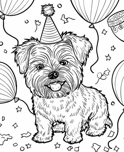 coloring page for kids, a cute smile Norfolk Terrier birthday party wiith balloons and party hats, cartoon style, thick line, low detail, no shading --ar 9:11