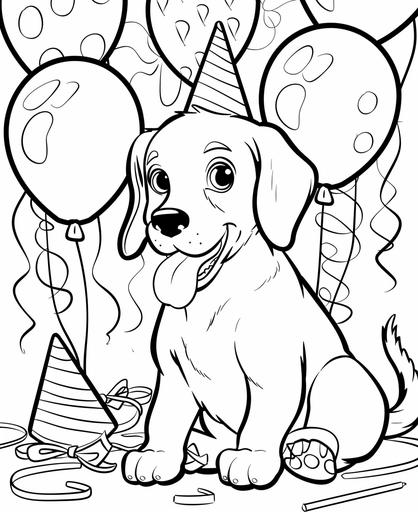 coloring page for kids, a cute smile Weimaraner birthday party wiith balloons and party hats, cartoon style, thick line, low detail, no shading --ar 9:11