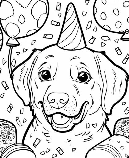 coloring page for kids, a cute smile labrador retriveve birthday party wiith balloons and party hats, cartoon style, thick line, low detail, no shading --ar 9:11