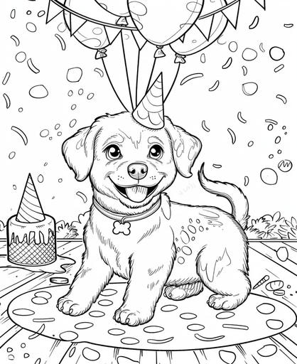 coloring page for kids, a cute smile labrador retriveve birthday party wiith balloons and party hats, cartoon style, thick line, low detail, no shading --ar 9:11