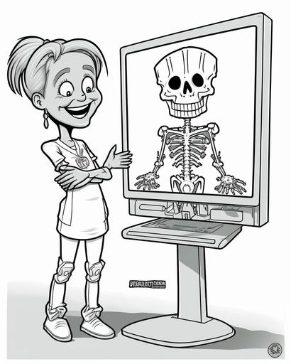 coloring page for kids, a female x-ray tech smiling and looking at x-rays, cartoon style, low detail, medium lines, no shading, light background --ar 9:11