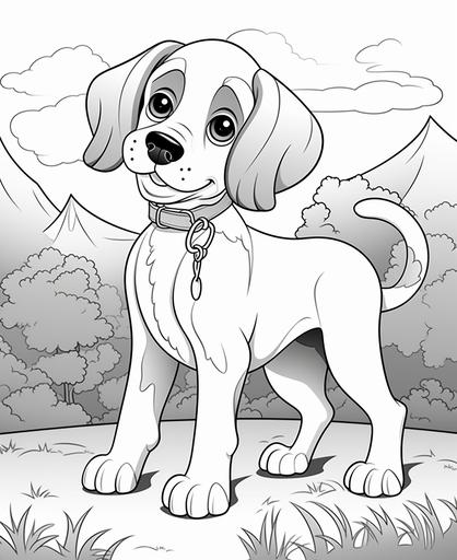 coloring page for kids, a kind of dog, Beagle, cartoon style, thick line, low detailm no shading --ar 9:11