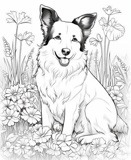 coloring page for kids, a kind of dog, Border Collie, cartoon style, thick line, low detailm no shading --ar 9:11