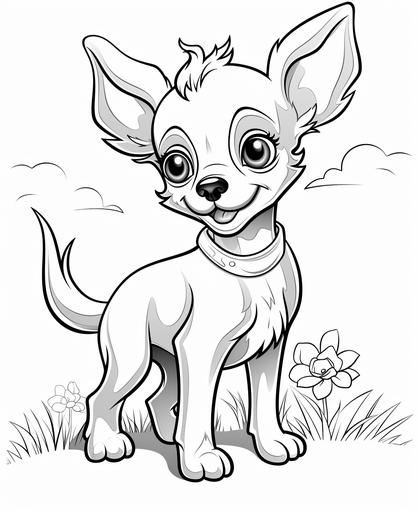 coloring page for kids, a kind of dog, chihuahua, cartoon style, thick line, low detailm no shading --ar 9:11