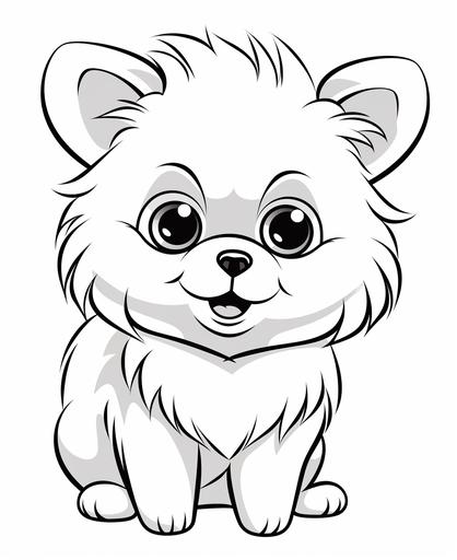 coloring page for kids, a kind of dog, pomeranian, cartoon style, thick line, low detailm no shading --ar 9:11