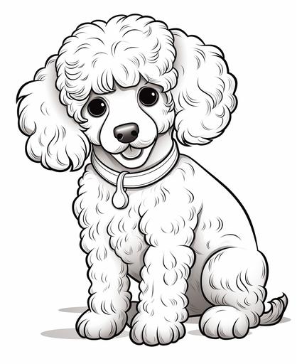 coloring page for kids, a kind of dog, poodle, cartoon style, thick line, low detailm no shading --ar 9:11