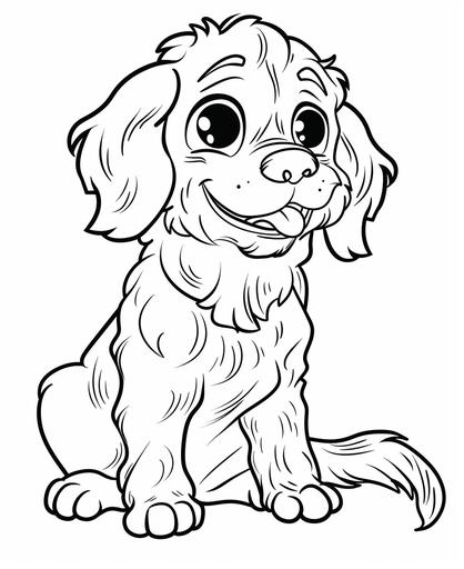 coloring page for kids, a mischievous puppy American Water Spaniel, cartoon style, thick line, low detail, no shading --ar 9:11