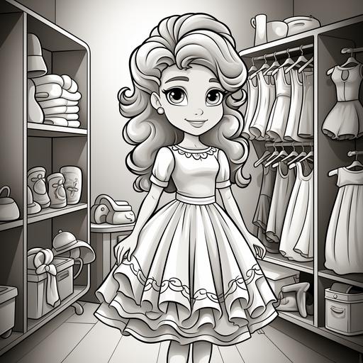coloring page for kids, a preppy 7 year old girl designs a dress, cartoon style, thick lines, no detail, no shading — ar 9:11 --v 5.2 --s 750