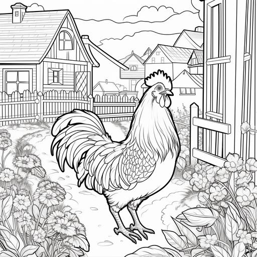 coloring page for kids, a rooster near the coop and around it there are hens, cartoon, thick lines, low detail, no shading