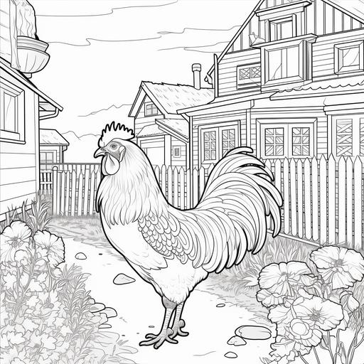 coloring page for kids, a rooster near the coop and around it there are hens, cartoon, thick lines, low detail, no shading