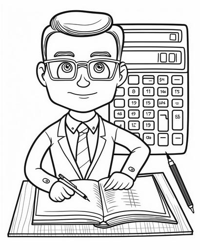 coloring page for kids, accountant, cartoon style, low detail, medium lines, no shading --ar 9:11