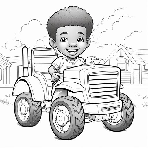 coloring page for kids, adorable black boy with curly hair, tractor trailer, cartoon style, thick lines, no shading, no details ar 9:11