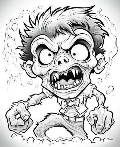 coloring page for kids, adorable smily cute zombie in a playful scene, cartoon style, thick lines, low detail, no shading, --ar 9:11