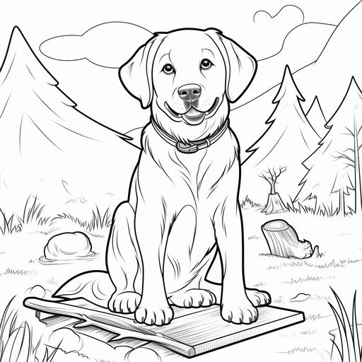coloring page for kids, adult labrador retriever by a campfire cartoon style, thick lines low detail no shading ar 9:11