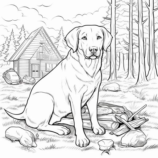 coloring page for kids, adult labrador retriever by a campfire cartoon style, thick lines low detail no shading ar 9:11