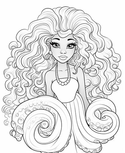 coloring page for kids, african american sea witch ursula fat half woman body half octopus with 6 tentacles, cartoon little mermaid story on white background --ar 9:11
