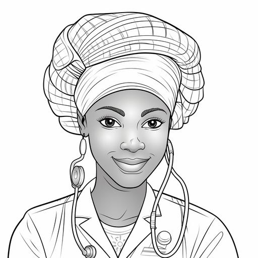 coloring page for kids, african girl head covered doctor, cartoon style, thick lines, low detail, no shading ar 9:11