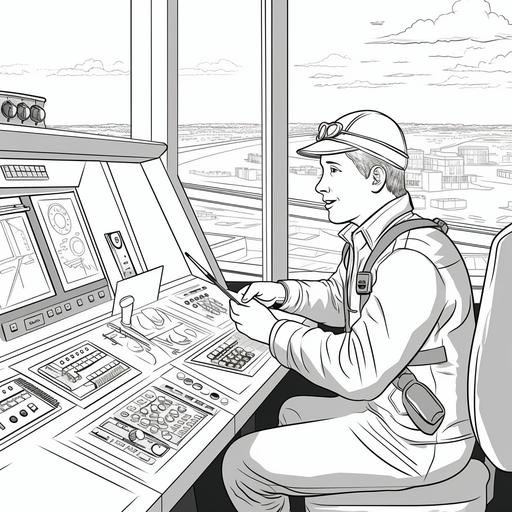 coloring page for kids, air traffic controller, cartoon, thick line, low detail, no shading--ar 9:11