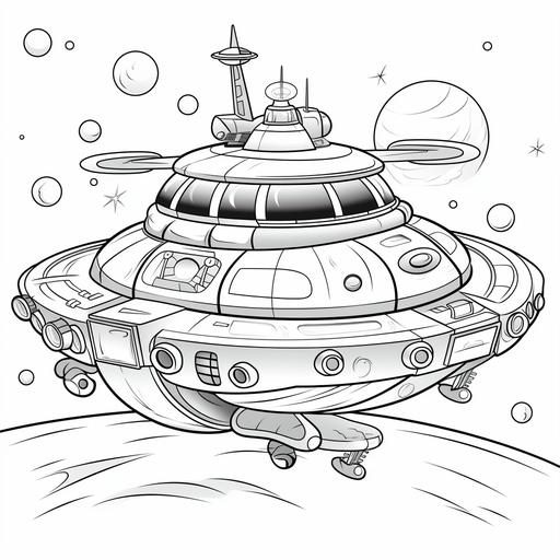 coloring page for kids, an enormous happy spaceship flying around the planet saturn, cartoon style, thick lines, low detail, no shading ar 9:11