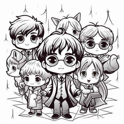 coloring page for kids and adults, harry potter characters, chibi cartoon style, thick lines, low detail, no shading