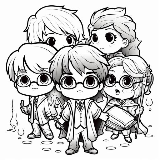 coloring page for kids and adults, harry potter characters, chibi cartoon style, thick lines, low detail, no shading