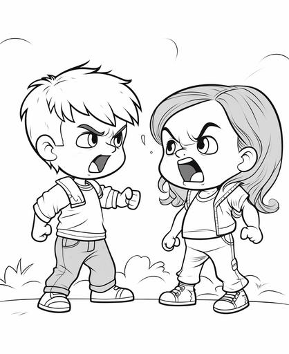 coloring page for kids, angry baby brother and baby sister arguing, cartoon style, thick-lines, low detail, no shading --ar 9:11