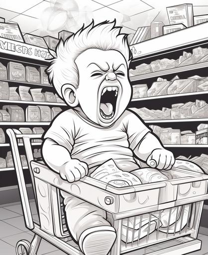 coloring page for kids, angry baby crying at a grocery store, cartoon style, thick-lines, low detail, no shading --ar 9:11