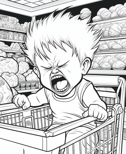 coloring page for kids, angry baby crying at a grocery store, cartoon style, thick-lines, low detail, no shading --ar 9:11