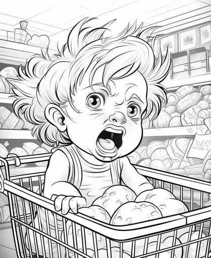 coloring page for kids, angry baby girl crying at a grocery store, cartoon style, thick-lines, low detail, no shading --ar 9:11