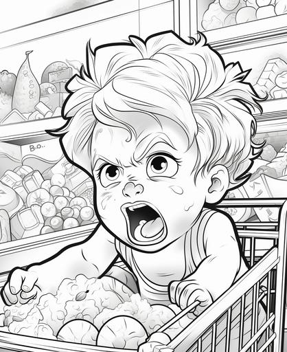 coloring page for kids, angry baby girl crying at a grocery store, cartoon style, thick-lines, low detail, no shading --ar 9:11
