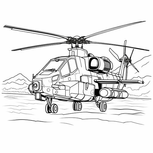 coloring page for kids, army helicopter, apache, cartoon style, thick lines, no shading--ar 9:11