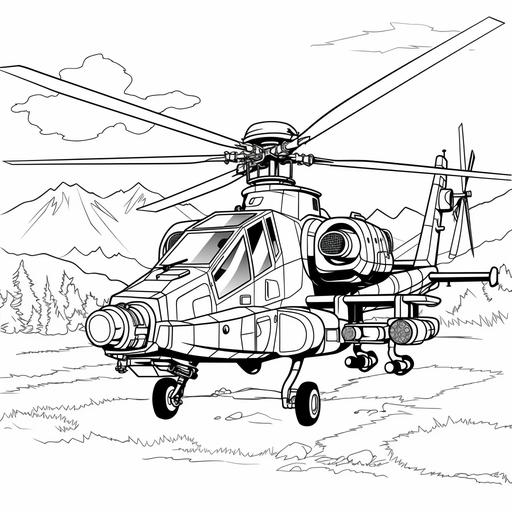 coloring page for kids, army helicopter, apache, cartoon style, thick lines, no shading--ar 9:11
